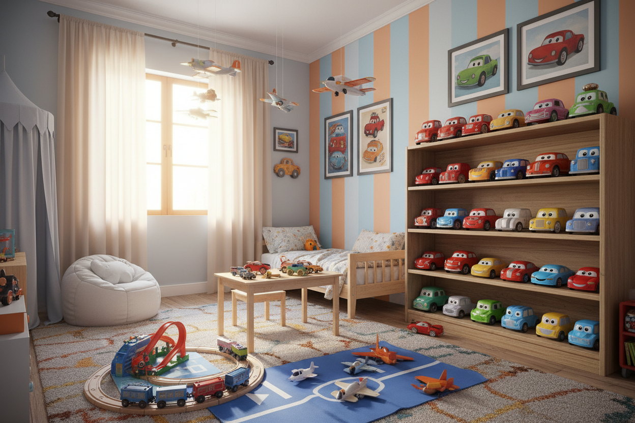 Kérlek készíts nekem egy képet, amin egy gyerekszobában játékautók, játék vonatok, játék repülők vannak.